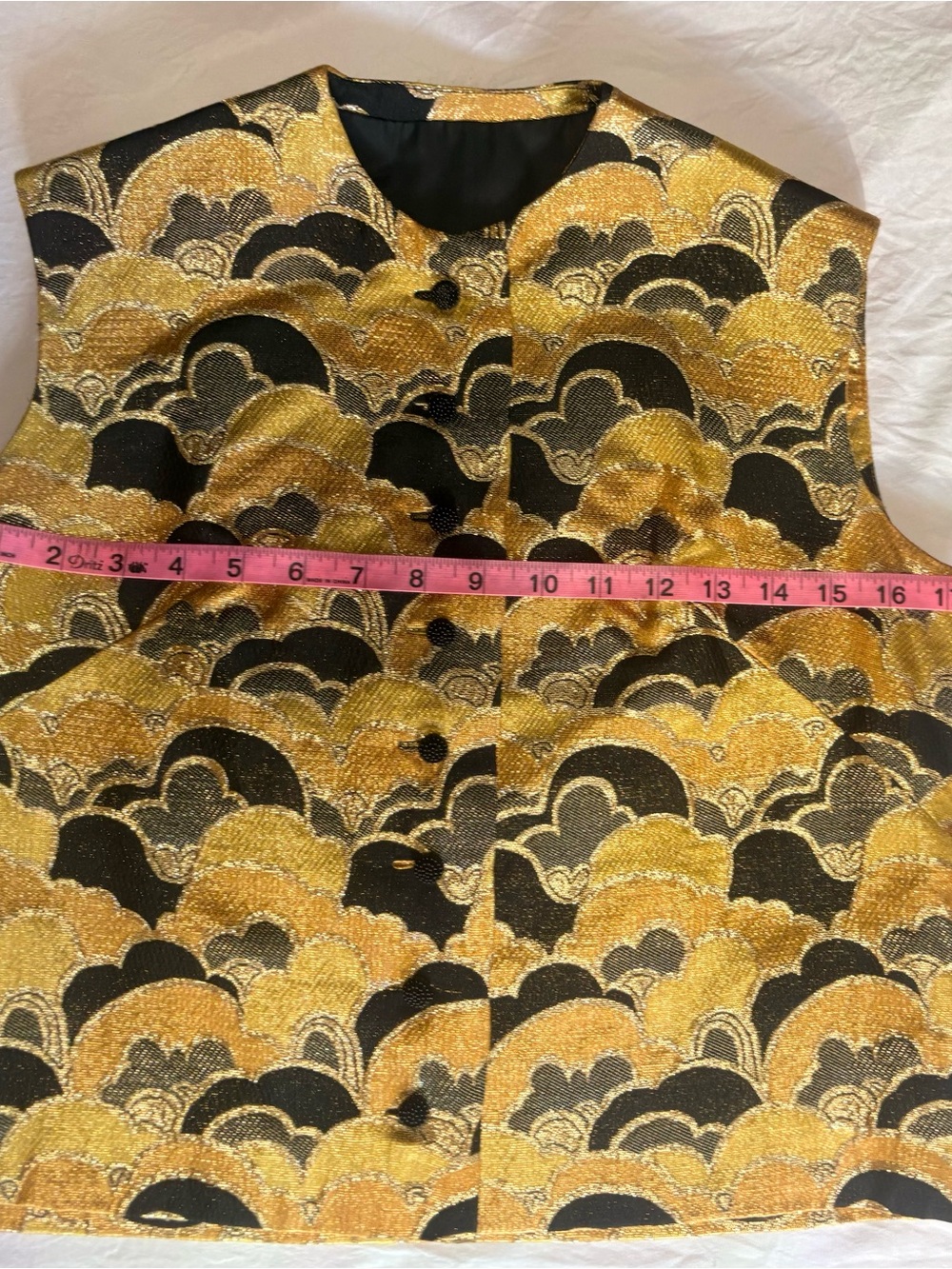 Vintage Brocade Sleeveless Vest in Gold and Black Metallic with Frog Closures - Picture 6 of 7